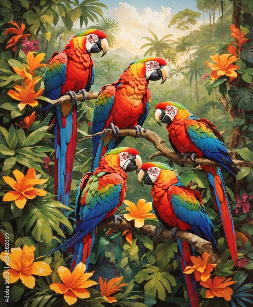 Beautiful macaw parrots in the rainy forest. Amazing images of macaws in a lush tropical rainforest 