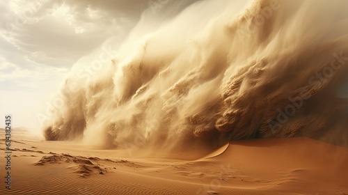 A powerful sandstorm sweeping across a desert landscape, with swirling dust obscuring the horizon. 