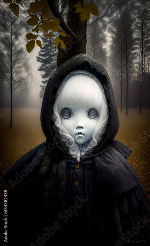 portrait of a scary creepy doll on a macabre scenery