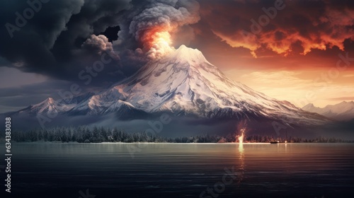 icy lake and volcano erupting