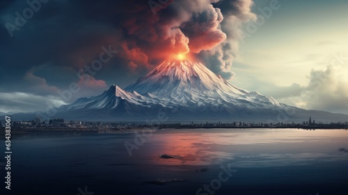 Photo icy lake and volcano erupting