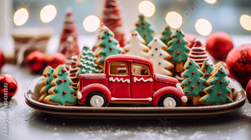 Foto A tray with red, green, and white color decorated cookies shaped like a car and Christmas Trees