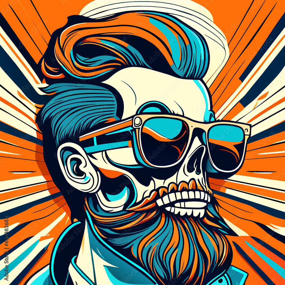 Vector illustration of hipster skull with mustache and sunglasses on orange background.