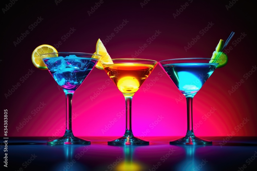 Glasses of cocktails on neon bar background, party event and beach tropics drinks 