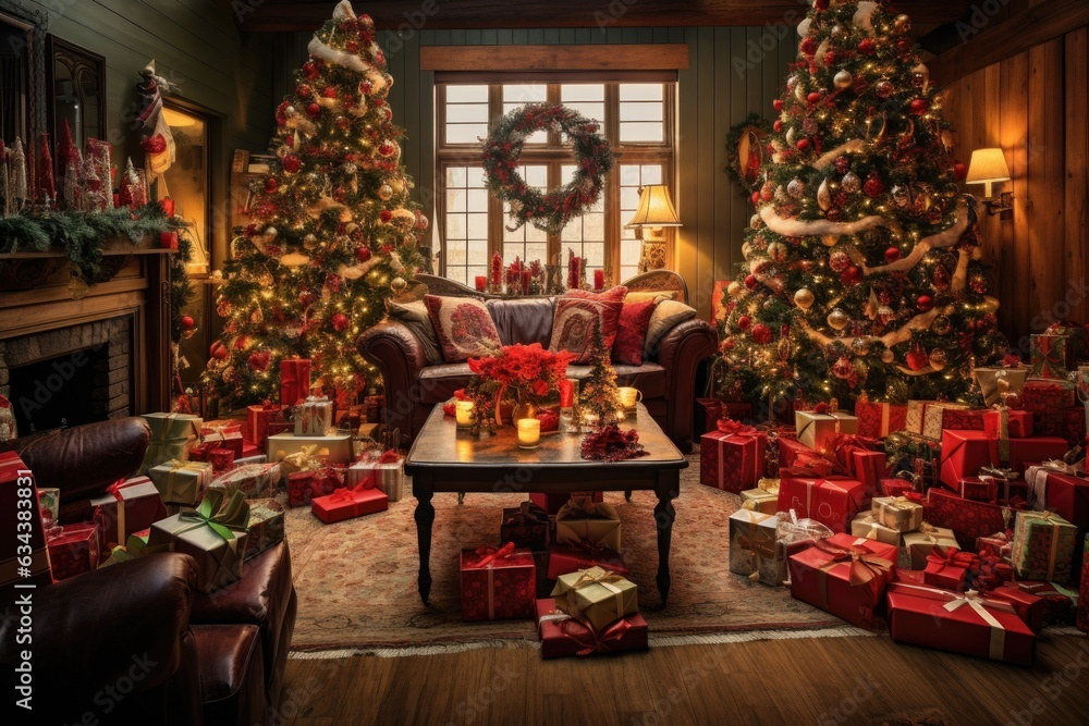 A cozy Christmas living room decorated with garlands with a Christmas tree in the corner. A house full of gifts from Santa Claus on the eve of the new year and the traditional holiday of X-mas