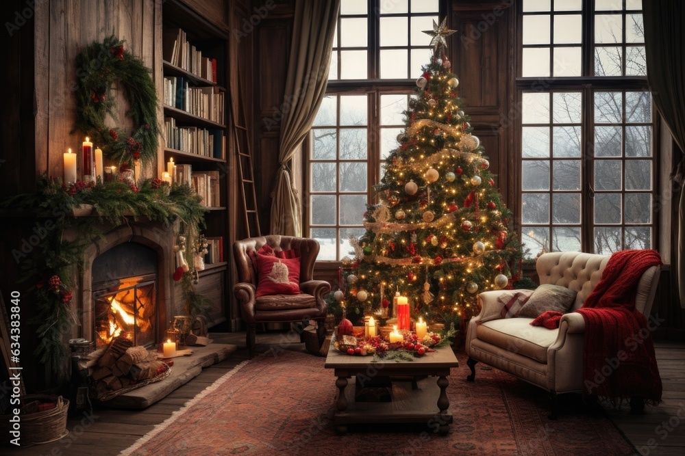 Luxury Christmas living room decorated with garlands with a Christmas tree in the corner. A house full of gifts from Santa Claus on the eve of the new year and the traditional holiday of X-mas
