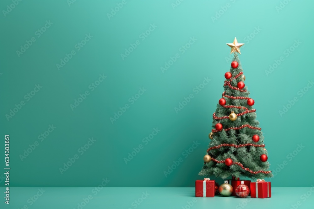 A minimalistic Christmas tree with decorations, gifts stands on an isolated green background in anticipation of holiday. Simple design for New Year cards, invitation and advertisements with copy space A minimalistic Christmas tree with decorations, gifts stands on an isolated green background in anticipation of holiday. Simple design for New Year cards, invitation and advertisements with copy space