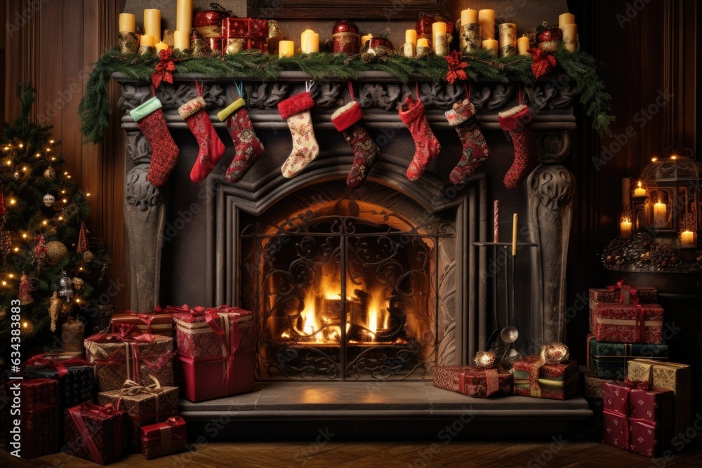Fireplace with Christmas candles and decorations. Magic atmosphere on the eve of the celebration of the traditional holiday and the expectation of the New year 2024