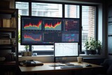 Business office trading . Futuristic stock exchange scene with big monitor PC, chart, numbers and CALL and PUT options (3D illustration)