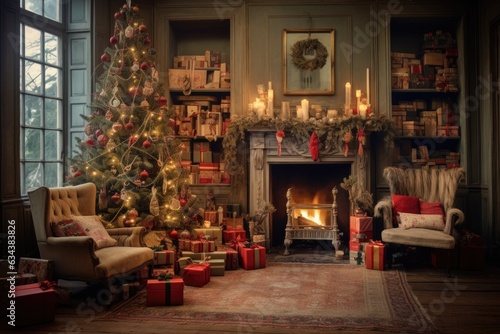A cozy living room lighted with numerous lights decorated ready to celebrate Christmas. Christmas room interior design, Xmas tree decorated by lights, candles and garland lighting indoors fireplace. © Hope