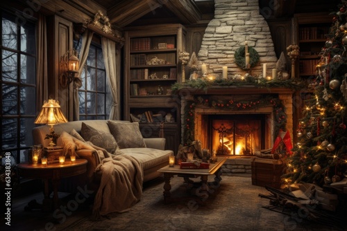 A cozy Christmas living room decorated with garlands with a Christmas tree in the corner. A house full of gifts from Santa Claus on the eve of the new year and the traditional holiday of X-mas © Hope
