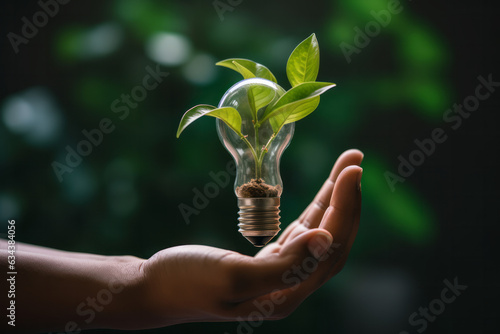 Green Innovation: Hand Holding a Light Bulb with Vibrant Leaves