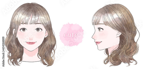 キュート　女性　水彩風イラスト　セット