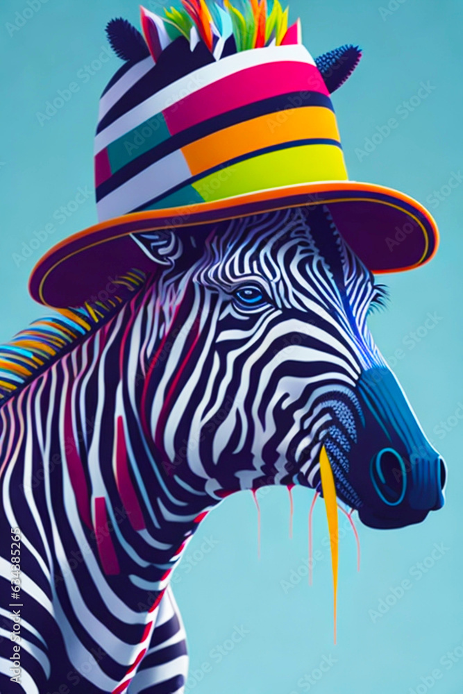 A detailed illustration of a colorful zebra for a shirt and fashion design
