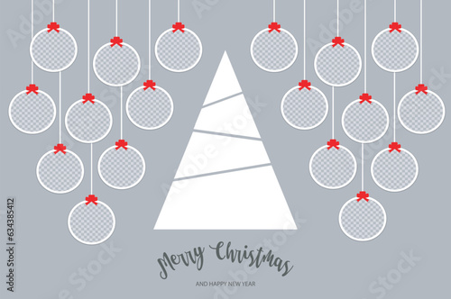 Christmas balls for photos and the tree. Holiday composition with 18 round  Photo frames templates. Mockup on gray background. Winter holiday banner, poster, postcard, collage, album. Vector EPS10.