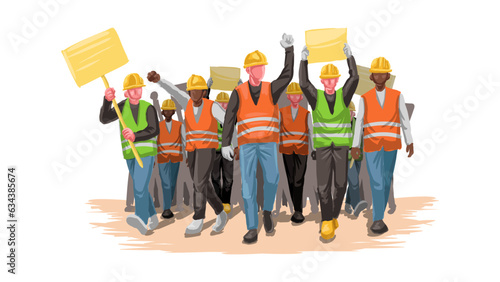 Group of Workers Wearing Safety Helmet Marching in Protest Strike Pose Hand Drawn Illustration Isolated in White