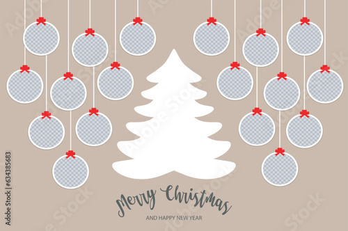 Christmas composition with 18 round Christmas balls for photos and the tree. Photo frames templates. Mockup on beige background. Winter holiday banner, poster, postcard, collage, album. Vector EPS10.