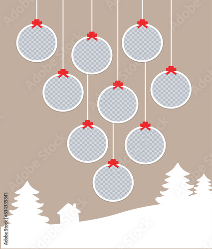 Christmas round Photo frames composition. Vertical template with 9 photos with Christmas balls, trees and a house. Mockup on beige background. Vector Holiday collage. EPS10.