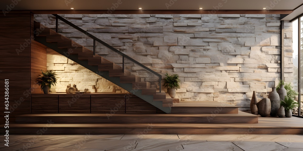 Coastal interior design of modern entrance hall with stone tiles wall and wooden rustic elements