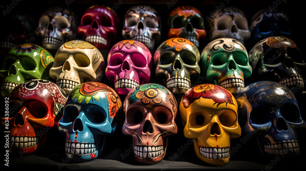Dia de los muertos. Skull. Calavera, calavera de azucar, sugar skull. Pattern of colorful skulls, dia de los muertos.