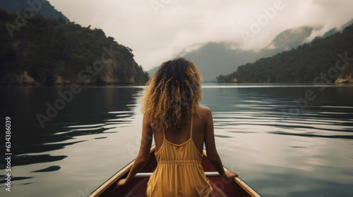 The girl sits with her back and floats in a boat. Beautiful landscape. Mountains, clouds, water. Relaxation, travel, meditation. Generative AI © Roxy jr.
