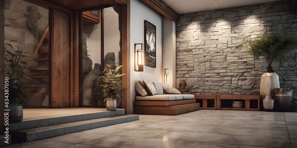 Coastal interior design of modern entrance hall with stone tiles wall ...