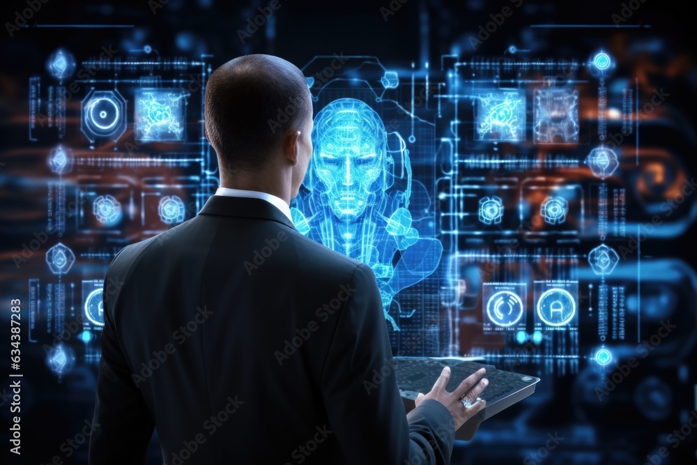 Software Engineer Working on AI office, facing the technologies of the future and a robot . Line of Code front of Him. Developer Working on Innovative e-Commerce Application using Big Data Concept Software Engineer Working on AI office, facing the technologies of the future and a robot . Line of Code front of Him. Developer Working on Innovative e-Commerce Application using Big Data Concept