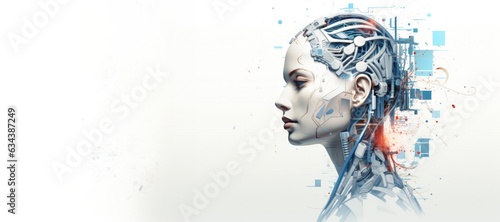 Photo featuring a female robot with artificial intelligence and cutting-edge technology. Technology AI humanoid looking aside to copy space .  Robot smart 