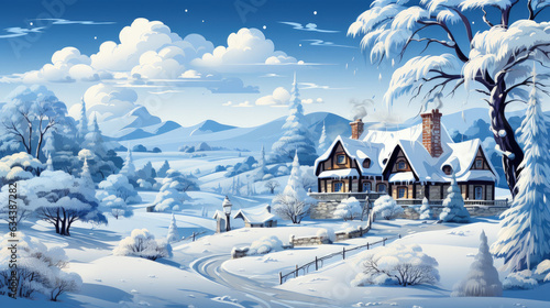 snowy winter landscape with house and mountains. blue christmas card . © Jean Isard