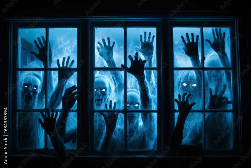 Fototapeta premium Spooky many zombie hands outside the window, blue glowing. Halloween concept.