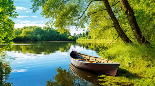 Billede på lærred Wooden rowing boat on a calm lake