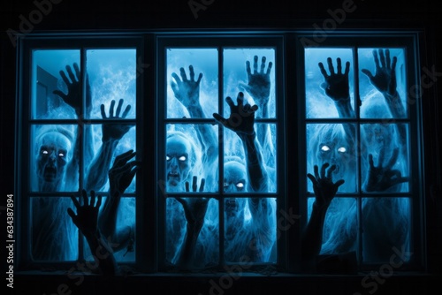 Spooky many zombie hands outside the window, blue glowing. Halloween concept.