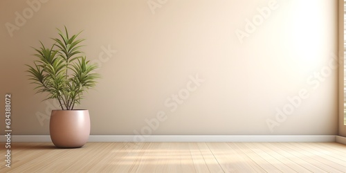 Empty room interior background  beige wall  pot with plant  wooden flooring 3d rendering