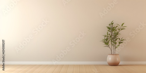 Empty room interior background, beige wall, pot with plant, wooden flooring 3d rendering