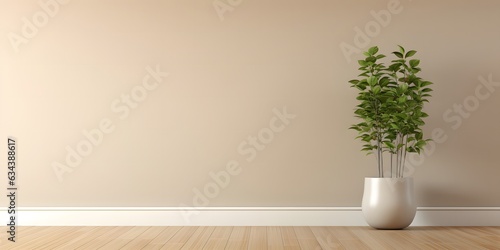 Empty room interior background, beige wall, pot with plant, wooden flooring 3d rendering