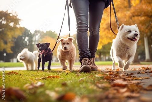 Professional Dog Walkers. Dog Walking Business, Services. Professional dog walker, pet sitter walking with different breed and rescue dogs on leash at city park photo
