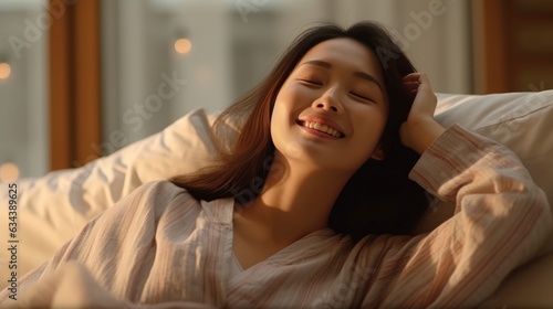 Young asian woman sleeping well in bed. generative ai © kanpisut