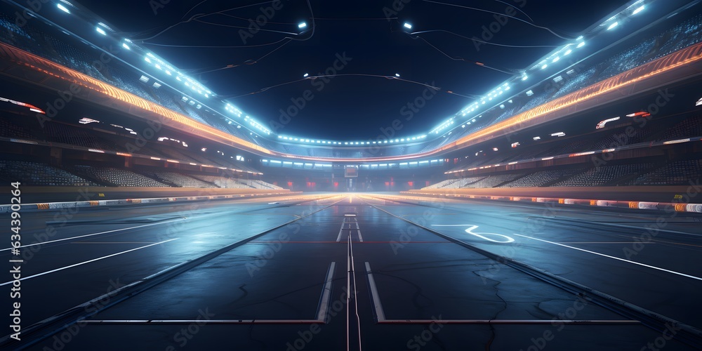 International race track, illuminated race sport stadium at night. Race Track Arena. Racing track with grandstands, shooting in the middle of the racing track and starting point International race track, illuminated race sport stadium at night. Race Track Arena. Racing track with grandstands, shooting in the middle of the racing track and starting point