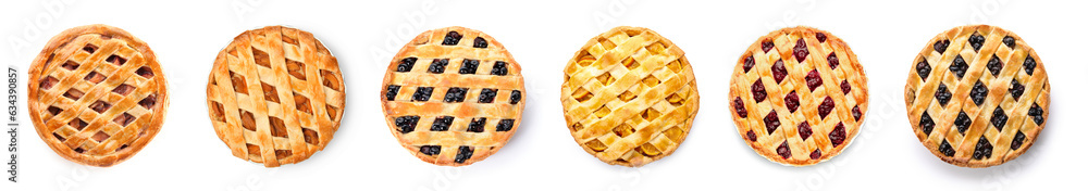Set of different tasty pies on white background, top view Set of different tasty pies on white background, top view