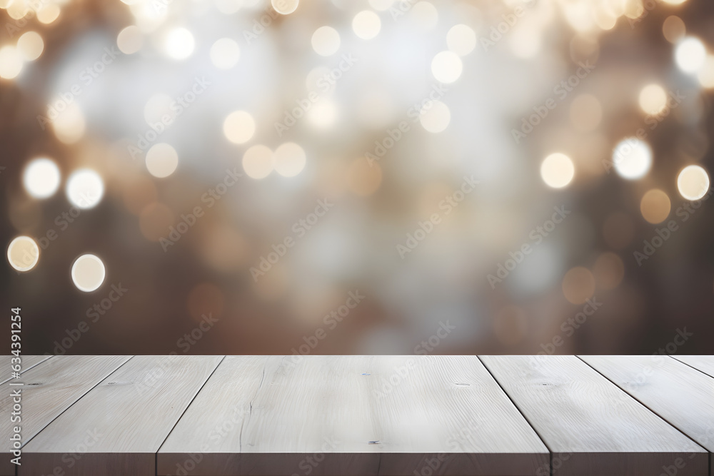 Leerer Holztisch für Produktplatzierung oder Montage mit Fokus auf die Tischplatte, unscharfer Bokeh-Hintergrund mit Lichtern am Abend auf einer Feier generative ai - obrazy, fototapety, plakaty 