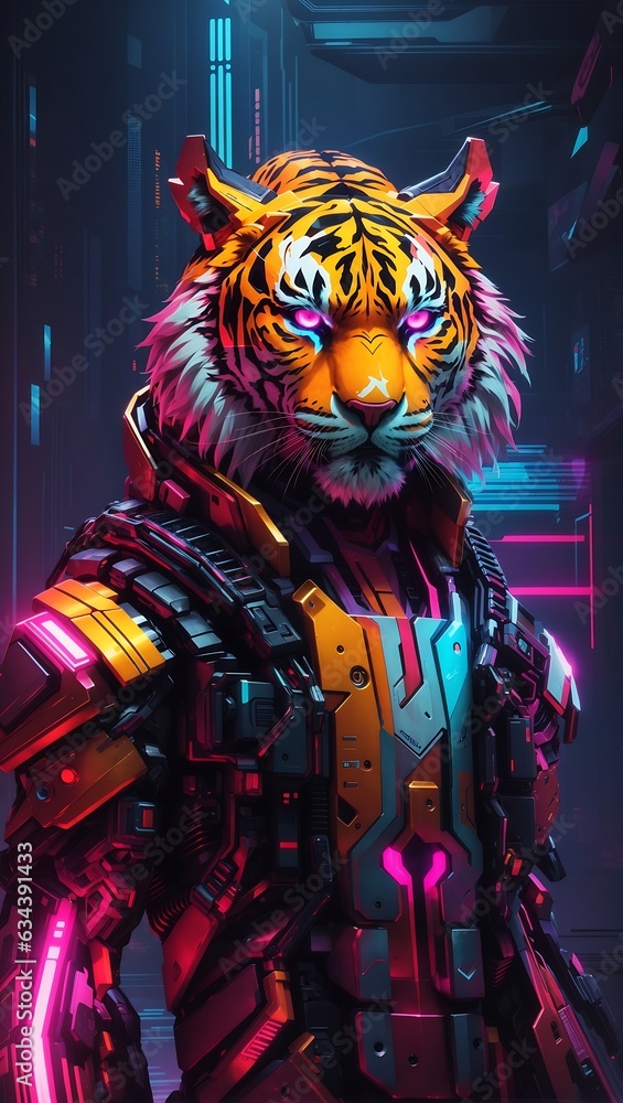 The artwork of robot cyborg tiger in cyberpunk style with futuristic city background and neon light in vertical dimension created with AI Generated technology.