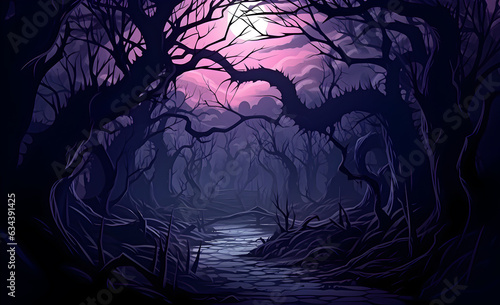 Halloween forest scene. Ghostly nightmare Halloween background  cartoon horror forest. Generative AI