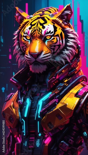 The artwork of robot cyborg tiger in cyberpunk style with futuristic city background and neon light in vertical dimension created with AI Generated technology.