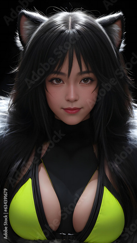 Sexy cat woman with long hair isolated on black