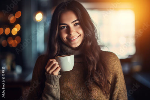 woman with dark hair enjoying a cup of morning coffee in cafe