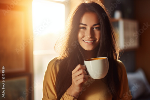 woman with dark hair enjoying a cup of morning coffee in cafe