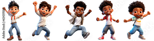 Set happy cute boys dance 3D render character cartoon style Isolated on transparent background