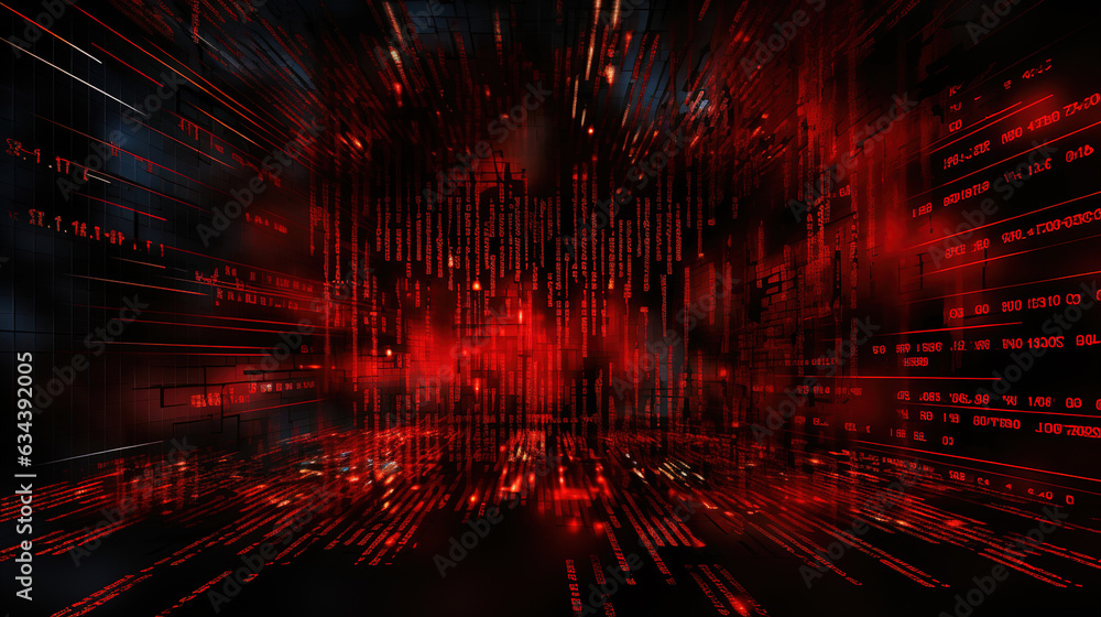Red, abstract binary code elements on a dark screen, illustrating the concepts of malware, ransomware, and cyber attacks. Background design that includes copy space for added content - obrazy, fototapety, plakaty 