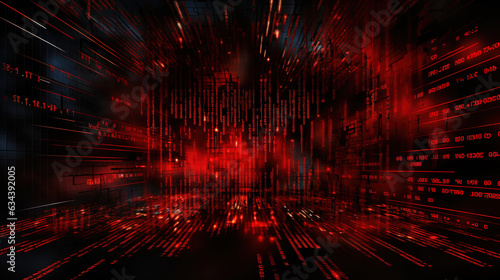 Red, abstract binary code elements on a dark screen, illustrating the concepts of malware, ransomware, and cyber attacks. Background design that includes copy space for added content photo