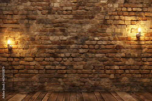 Old brick wall with wooden floor and light, Generative AI